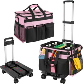 Housolution Extra Large Rolling Cleaning Caddy Bag with Detachable Trolley, Upgraded 360° Free Rotating with 5 Wheels and Dust-Proof Lid, Professional Cleaning Supplies Bag for Housekeepers, Pink