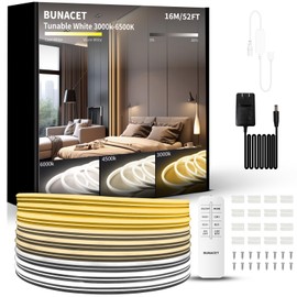 BUNACET Outdoor Led Strip Lights, IP67 Waterproof Tunable Warm White Lights 3000K-6500K 52FT, RF Remote Control with 24V DC Dimmable Neon Rope Lights for Kitchen Bedroom Indoor Outdoor Decoration
