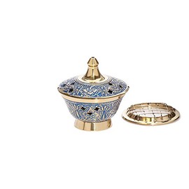 NKlaus 2750 Incense Bowl Painted Brass with Grid Blue Height 7.5 cm Diameter 8 cm 200 g