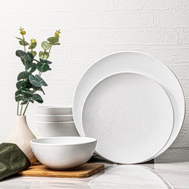 BZYOO BPA-Free Dishwasher Safe 100% Melamine Plastic La La Mandala Plate Bowl Set Best for Indoor and Outdoor Party (12 PCS Dinnerware set, Service for 4, La la Mandala -White)