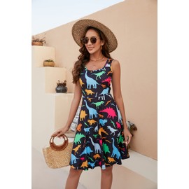 Fanient Women's Dinosaur Print Dress A Line Sleeveless Dress Summer Fun Midi Dress L