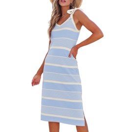 BLENCOT Women Casual Sleeveless V Neck Stripe Knit Bodycon Midi Dress Beachwear Side Slit Tank Ribbed Summer Beach Long Dresses Sky Blue Large