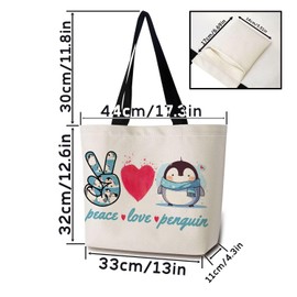 ZhuVantrix Peace Love Penguin Tote Bag Reusable Grocery Bags Aesthetic Shopping Shoulder Handbag with Interior Zipper Pocket Stylish Peace Love Penguin Present for Women