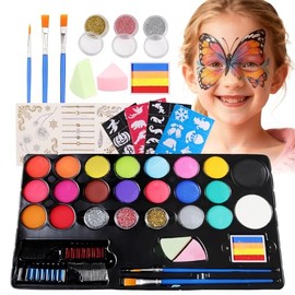 Pintacaritas Base Agua, Kit de 20 Colores Pintura Facial y Corporal, Pintura para Maquillaje Artistico, con Polvos para El Cabello, Pinceles y Plantillas, para Halloween, Navidad, Año Nuevo y Cosplay