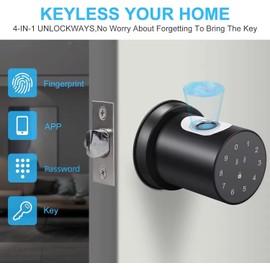 AKONLO 4 in1 Smart Fingerprint Door Knob, Thumbprint Biometric Door Lock, Passcode Keypad Keyless Entry Door Lock with Handle, for Bedroom Home Hotel Office Apartment, Black