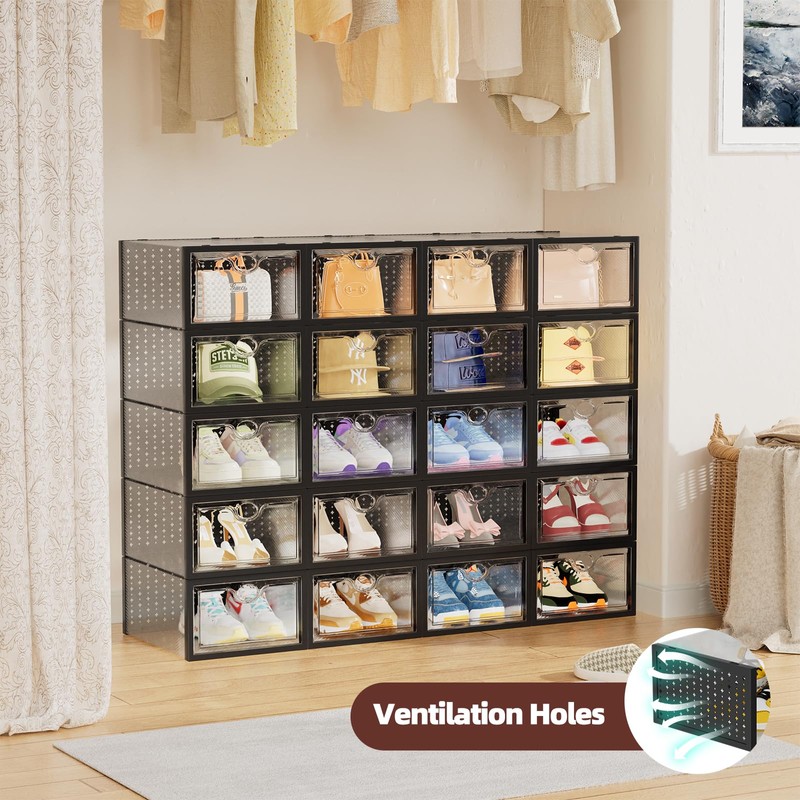 Ekisemio 12 Pack Shoe Storage Boxes, Stackable Clear Plastic Shoe