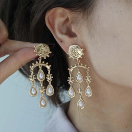 UPOWKA Vintage Pearl Drop Earrings, Gold Plated Chandelier Design with White Pearls, Dangle Statement Jewelry Gift for Women