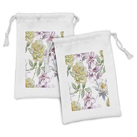 Ambesonne Floral Fabric Pouch Set of 2, Rose Petals Sakura Lily Flowers Blooms Romance Florets Design, Small Drawstring Bag for Toiletries Masks and Favors, 9" x 6", Fern Green Pale Pink