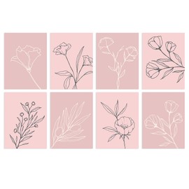 Wee Blue Coo Pack of 8 A4 Pastel Pink Line Art Wildflower Outline Modern Floral Unframed Wall Art Living Room Prints Set