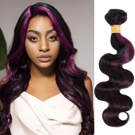 ALHER Black Mix Dark Burgundy Highlight Bundle Human Hair Body Wave, 10A Soft Thick Single Bundle Wavy 100% Remy Human Hair Midnight Purple Highlight Two Tone Color (#1B/Purple, 8 Inch)