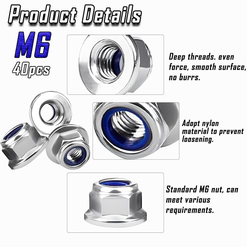 UHMC M6 Nuts,40 Pcs 6mm Locking Nuts Galvanized Iron Locking
