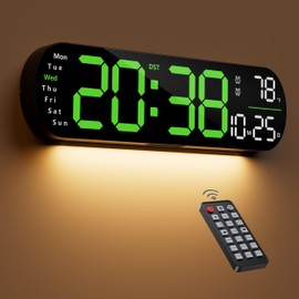 Zgrmbo Digital Wall Clock, 13" Large Display Digital Clock with Remote Control, Auto-Dimming Wall Clock with Night Light, DST, Date Week,Temp for Living Room, Bedroom, Decor, Gift for Elderly