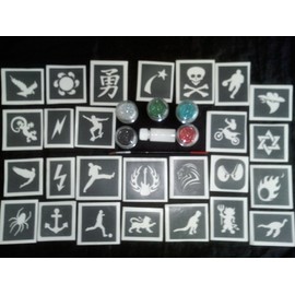 Young x 20 tattoo stencil set for glitter tattoos/body art + 5 glitter colours