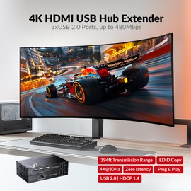 AV Access 4K HDMI KVM Extender, 120m/394ft Ethernet Extender Over Cat5e/6, 1080P@120Hz, 3X USB 2.0 Ports, Zero-Latency, Plug and Play, KVM Webcam Extender for Gaming, Data Centers & Classrooms