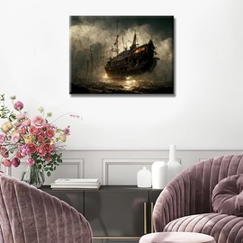 Black and White Wall Art Ghost Pirate Ship Pictures for Living Room Fantasy Flying Dutchman Painting Artwork Giclee Art Prints Nordic House Decor Framed Gallery-Wrapped Ready to Hang 16 "x12