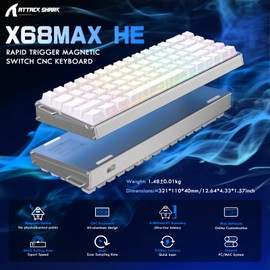 ATTACK SHARK X68MAX HE 60% Wired Magnetic Switch Keyboard,Full Aluminum CNC,0.005mm RT Accuracy,8KHz Rapid Trigger Mechanical Gaming Keyboard,Adjustable Actuation,RGB Coiled Cable for FPS Games,White