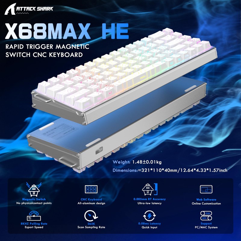 ATTACK SHARK X68MAX HE 60% Wired Magnetic Switch Keyboard,Full Aluminum