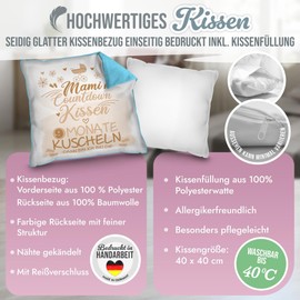 PR Print Royal Baby-News Kissen mit Spruch - Mami Countdown - beige, Geschenk zur Schwangerschaft, werdende Mutter, Babyparty, Dekokissen 40 x 40 cm, inkl. Kissenfüllung, Rückseite Hellblau