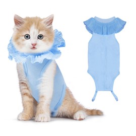 VavoPaw Cat Surgery Recovery Suit for Female Cat, Breathable Surgical Recovery Shirt for Abdominal Wounds Skin Diseases After Surgery, Soft Fabric Kitten Onesie, E-Collar Alternative for Cats, S Blue