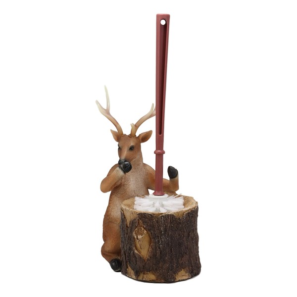 Ebros Rustic Cabin Lodge Decor Whimsical Forest Wildlife Animal Stinky Potion Toilet Brush and Tree Stump Base Holder Bathroom Gift 2 Piece Set (8 Point Deer)