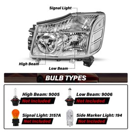 Bingbingmotor Headlight Assembly Compatible with 2004-2015 Nissan Titan / 2005-2007 Armada Left and Right Side Chrome Housing with Clear Reflector Headlamps