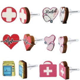 SUNNYCLUE 6 Pairs Nurse Stud Earrings, Medical Wooden Stud Earrings, Heart Stethoscope, Nurses Day Charms, Colourful Natural Wood Charm, Wooden Stud Earrings for Women and Men, Fashion Jewellery, Gift