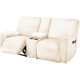 ULTICOR Reclining Love Seat with Middle Console Slipcover, 8-Piece Velvet Stretch Loveseat Reclining Sofa Covers, 2 seat Love seat Recliner Cover, Thick, Soft, Washable, Love seat Slipcovers (Ivory)