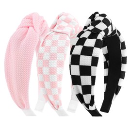 YanJie 3Pcs Pink Headbands for Women Checkered Headband for Girls Black Knotted hair bands Summer Hair Accessories for Toddlers Kids Girl Outfits