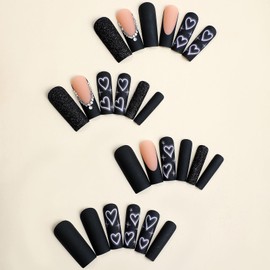 MISUD Press on Nails Long Square Fake Nails Matte Glue on Nails Black French Tip Acrylic Nails Squoval Bling Glitter Artificial Nails Love Heart Stick on False Nails with Rhinestone Design 24 pcs