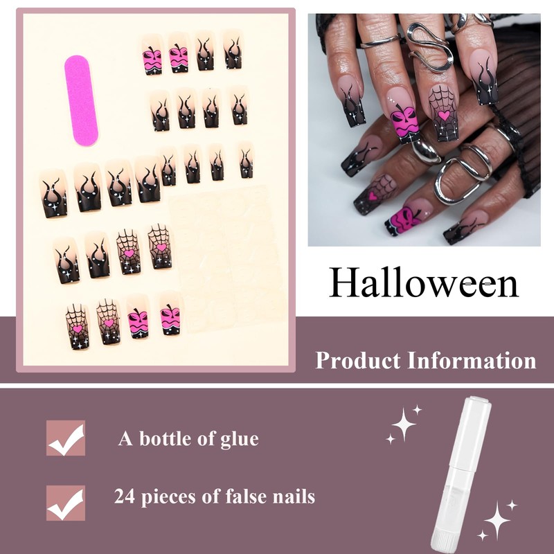 Halloween Long Square Press on Nail - Black Fake Nails