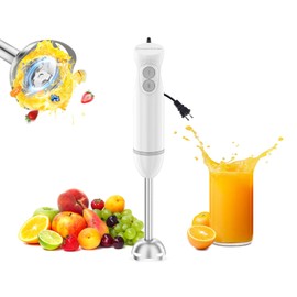 Bonsenkitchen Hand Blender, Immersion Blender with 2 Mixing Speed, Electric Portable Handheld Stick Mixer with Stainless Steel Blades for Soup, Smoothie, Puree, Baby Food, White