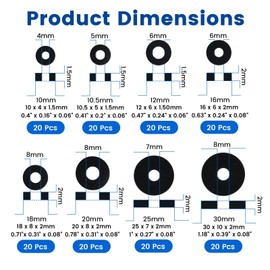 ZIUZI 160 Pcs Flat Rubber Washers Assortment Kit, 10/10.5/12/16/18/20/25/30mm Black Rubber Flat Washer, Heavy Duty Rubber Washers for Bolts Faucets Screws Garden Hose Shower Head - 8 Sizes