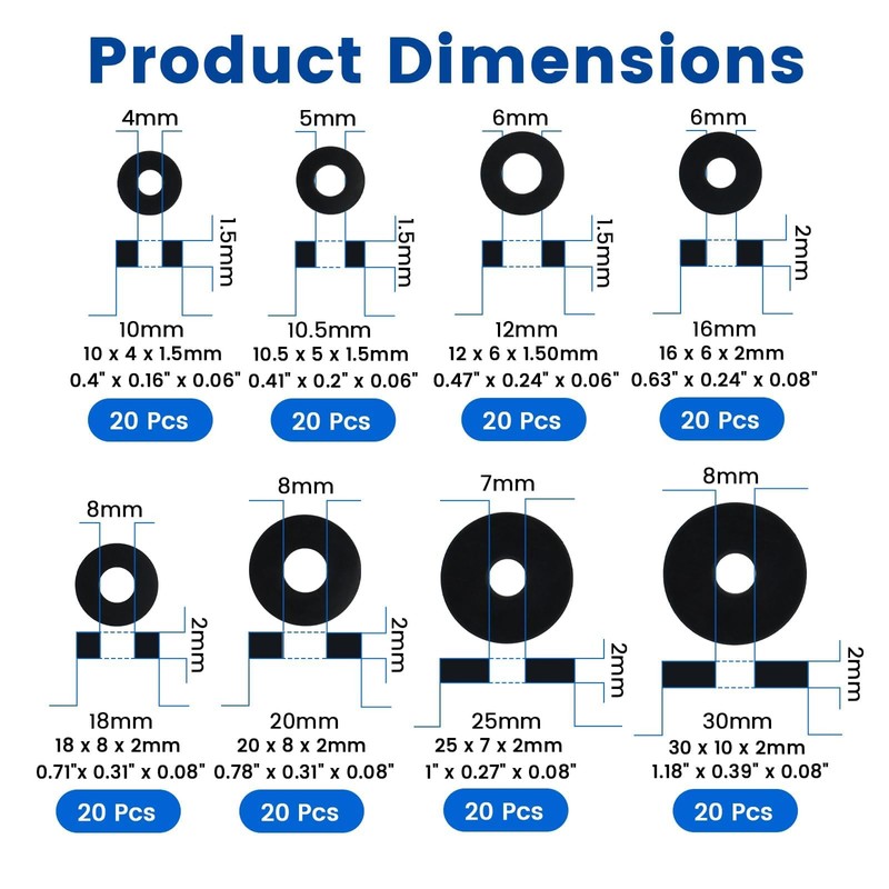 ZIUZI 160 Pcs Flat Rubber Washers Assortment Kit, 10/10.5/12/16/18/20/25/30mm Black