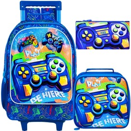 ZLYERT 3Pcs Gamer Rolling Backpack for Boys, Kids School Backpacks with Wheels, Roller Bookbag with Lunch Box for Elementary Preschool(Blue)