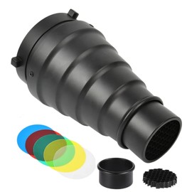 REAQUE Aluminium Alloy Conical Snoot with Honeycomb Grid and 5 Colour Filter Set, Compatible with Bowens Mount Studio Strobe Monolight Photography Flash