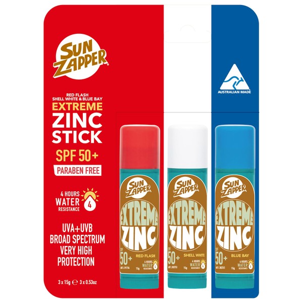 Sun Zapper Extreme Zinc Stick - Red, White, Blue Face Sunblock 3-Pack SPF50+ Coloured Zinc Sunscreen Sticks Made in Australia