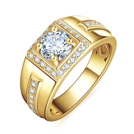 LOIPURI 1CT Moissanite Mens Wedding Band 14K Gold Plated Engagement Rings for Men with Pave Round Cut 0.51Ct Cubic Zirconia Inner Ring Hollow Out Silver Promise Ring for Him Size 12