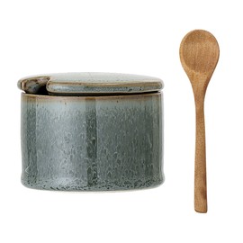 Bloomingville Pixie Salt Pot with Lid and Spoon Green Ceramic