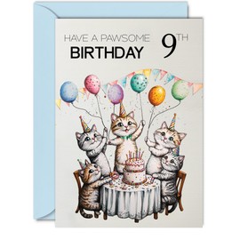 9th Birthday Card for Girls Boys - Pawsome Party Cats Balloons - Happy Birthday Cards for 9 Year Old Girl Boy, 5x7 Inch Cat Bday Greeting Cards
