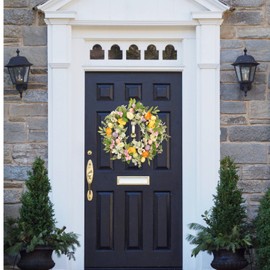 Zhemobang Easter Wreath 20IN with Daisy Flowers, Eggs, Silk Polyester, Front Door Easter Wreath, Spring Décor