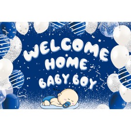 Welcome Home Baby Boy Backdrop, Blue Silver Newborn Baby Boy Banner Backdrop Photography Background for Baby Shower Home Family Party Decorations 6x4ft (Blue)