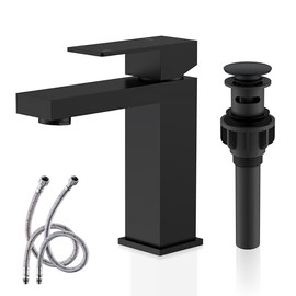 KENES Matte Black Single Handle Bathroom Sink Faucet, Stainless Steel Vanity Faucet for Bathroom Sink, with Pop Up Drain Stopper & Water Supply Hoses LJ-9031-2
