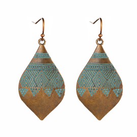 Handmade Boho Vintage Teardrop Earrings Bohemian Hammered & Engraved Earrings Boho Antiqued Earrings Unique Antique Bronze Tribal Ethnic Teardrop Shaped Drop Dangle Earrings For Women Girls (Style 2)