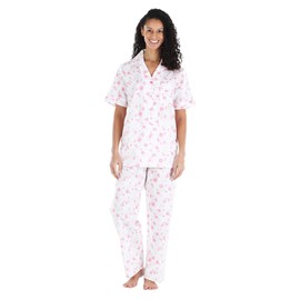 Sleepyheads Women's Poplin Cotton Short Sleeve Button Up Top and Pants Pajama Set, Pant Set - Pink Roses, Small