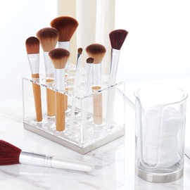 mDesign Plastic Makeup Brush Storage Organizer with 15 Slots for Bathroom Countertop, Vanity to Hold Eye/Lip Pencils, Lip Gloss, Liners, Lipstick - Clear/Brushed