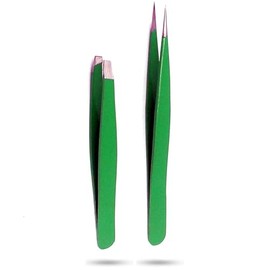 Precise Canada Tweezers for Ingrown Hair, Precision Slant Tweezers and Pointed Eyebrows Tweezer Set Stainless Steel Eyebrow Plucking 2 Pieces (Green)