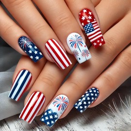 4th of July Press on Nails Medium Square Flag Fake Nails False Nails with Designs Stars Fireworks Full Cover Glossy Glue on Nails Blue Red White Acrylic Nails for Women Girls 24 Pcs