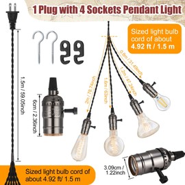Tujoe Vintage Pendant Light Sockets Light Cord Kit with Switches DIY Light Bulb Socket with Cord for E26 E27 Lamp Socket Lantern Bedroom Living Room Decor(1 Plug with 4 Sockets,2 Pcs)