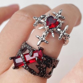 Bailanteバイランデ Unique Dark Cross Thorn Open Ring with Red Zircon Stones - Gothic, Edgy Design, High-End French-Inspired Jewelry for Women - Distinctive and Trendy Accessory - 2 Set