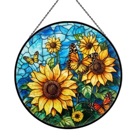JOPJOLIW Sunflower Stained Glass Window Hanging, 7.9" Sunflower Sun Catcher Glass Panel with Chain, Sunflowers Hand Painted Round Wall Art Gifts for Women, Sunflowers Decor Christmas Housewarming Gift